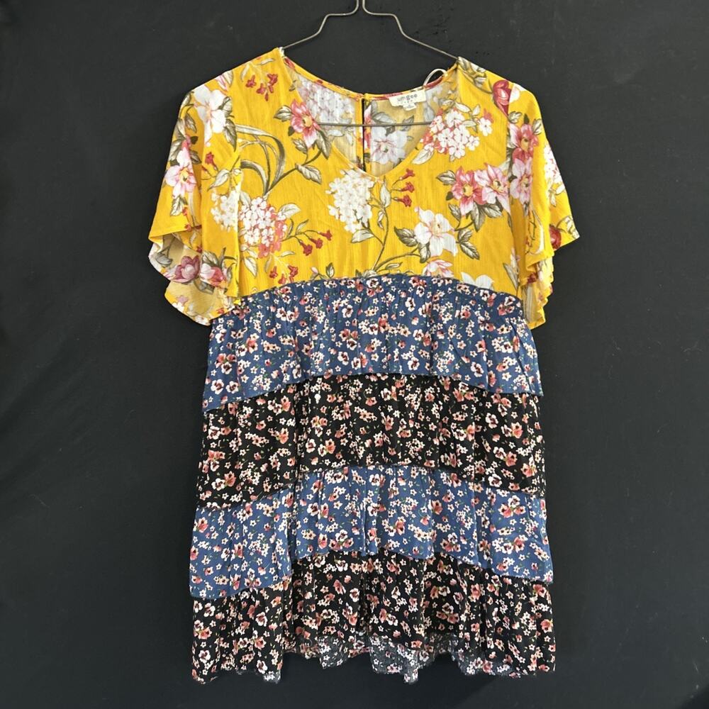 Umgee Small Floral Tiered Babydoll Top Boho Peasant Cottagecore Tunic Patchwork